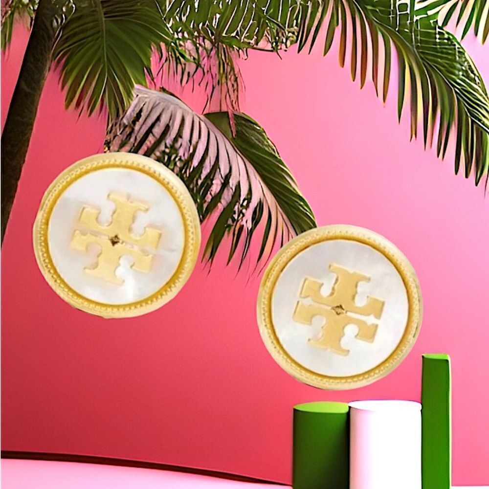 TORY BURCH MOTHER OF PEARL STUD EARRINGS IN ANTIQUE GOLD